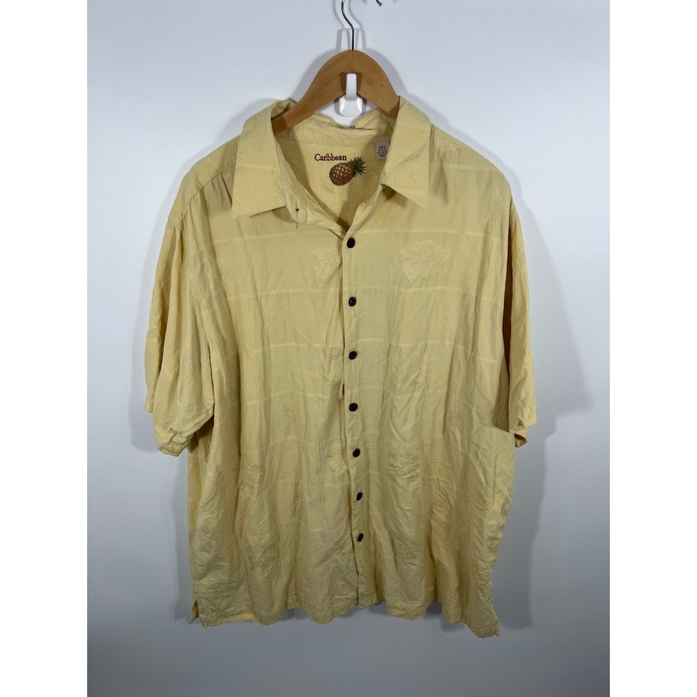 Mens Silk Blend Button Down Shirt 2XT‎ Yellow Short Sleeve Wood Button Resort